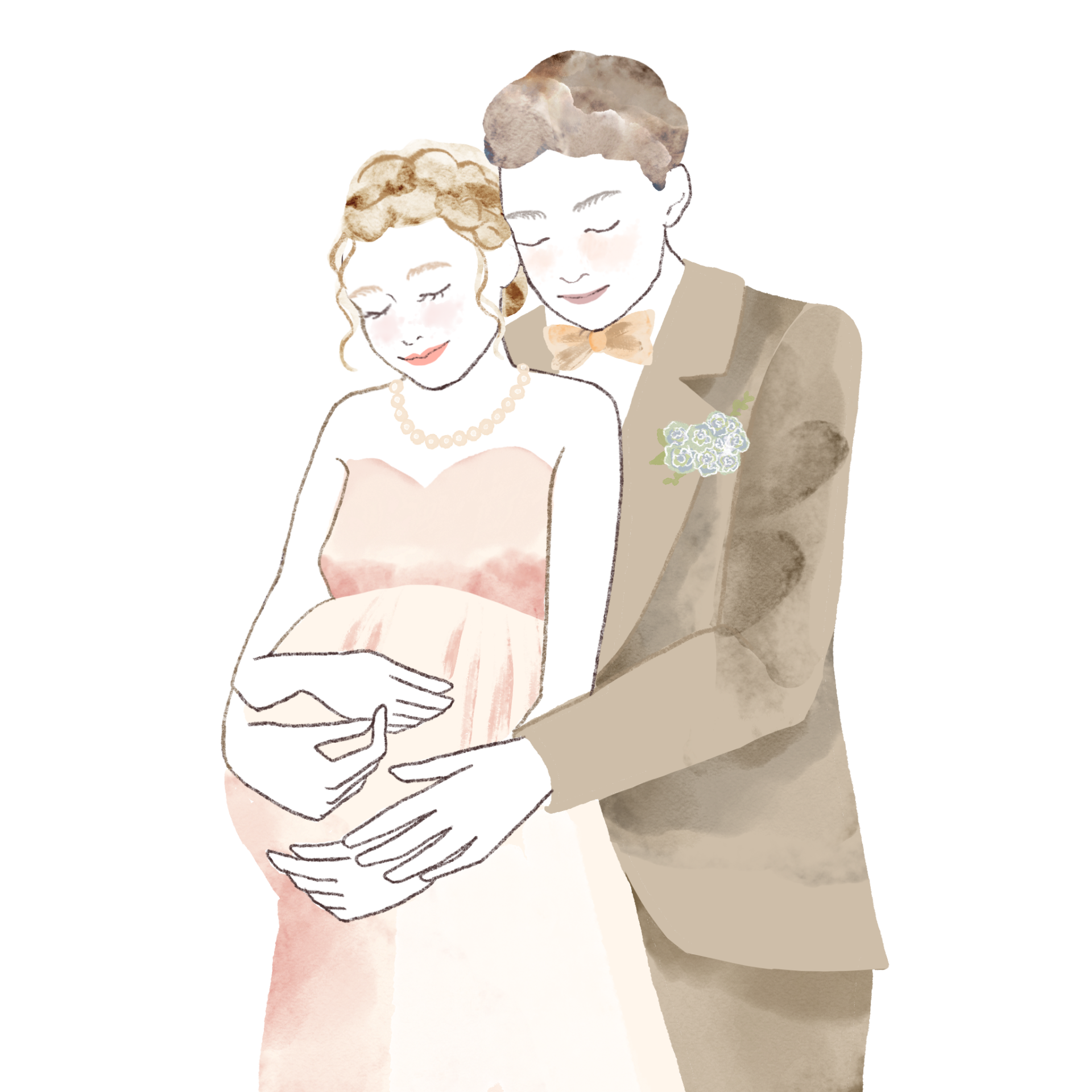 ドレスを着た妊婦さんを、スーツを着た新郎が優しく後ろから抱きかかえているイラスト
