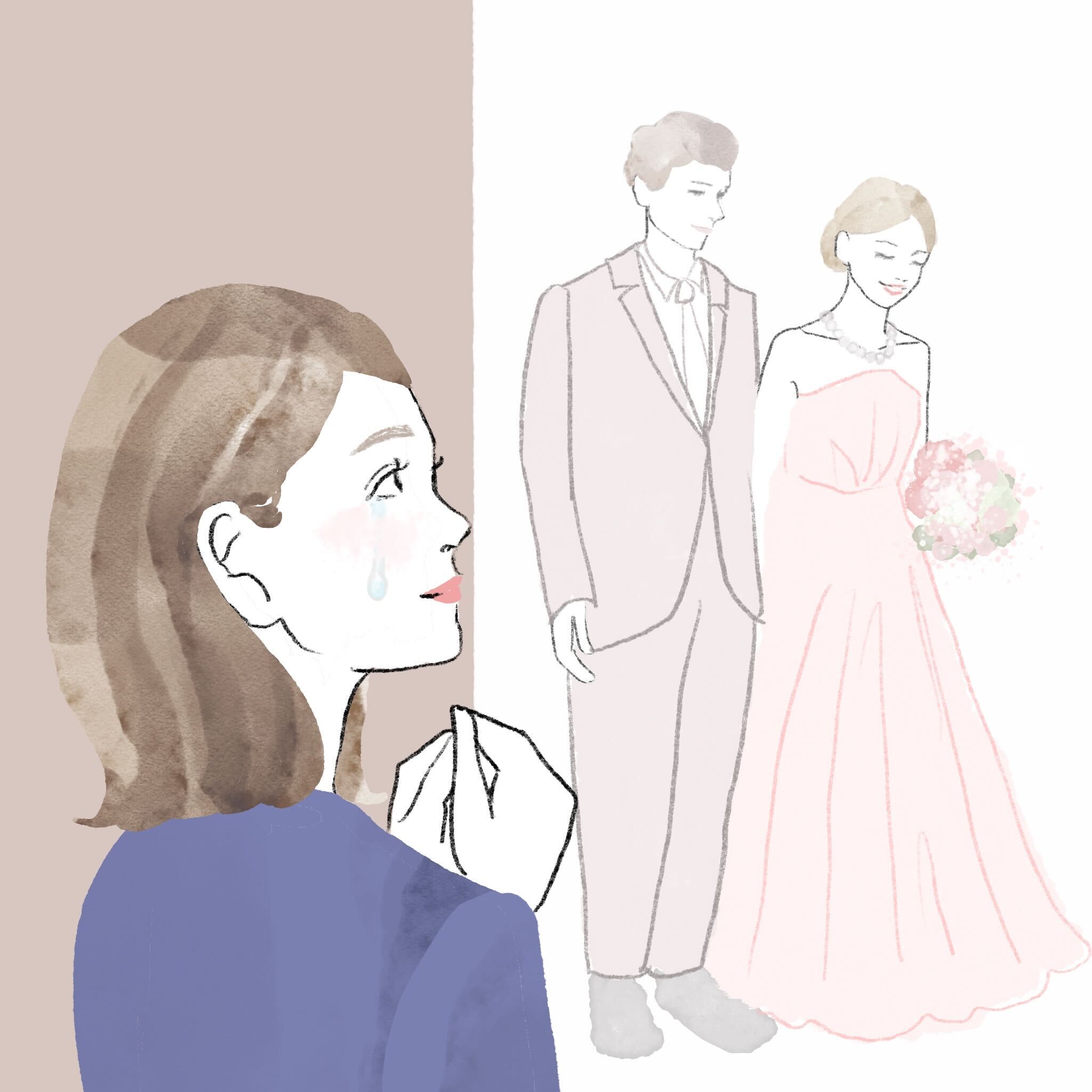 担当の新郎新婦の結婚式を背後から見守りながら感動して泣いているプランナーのイラスト